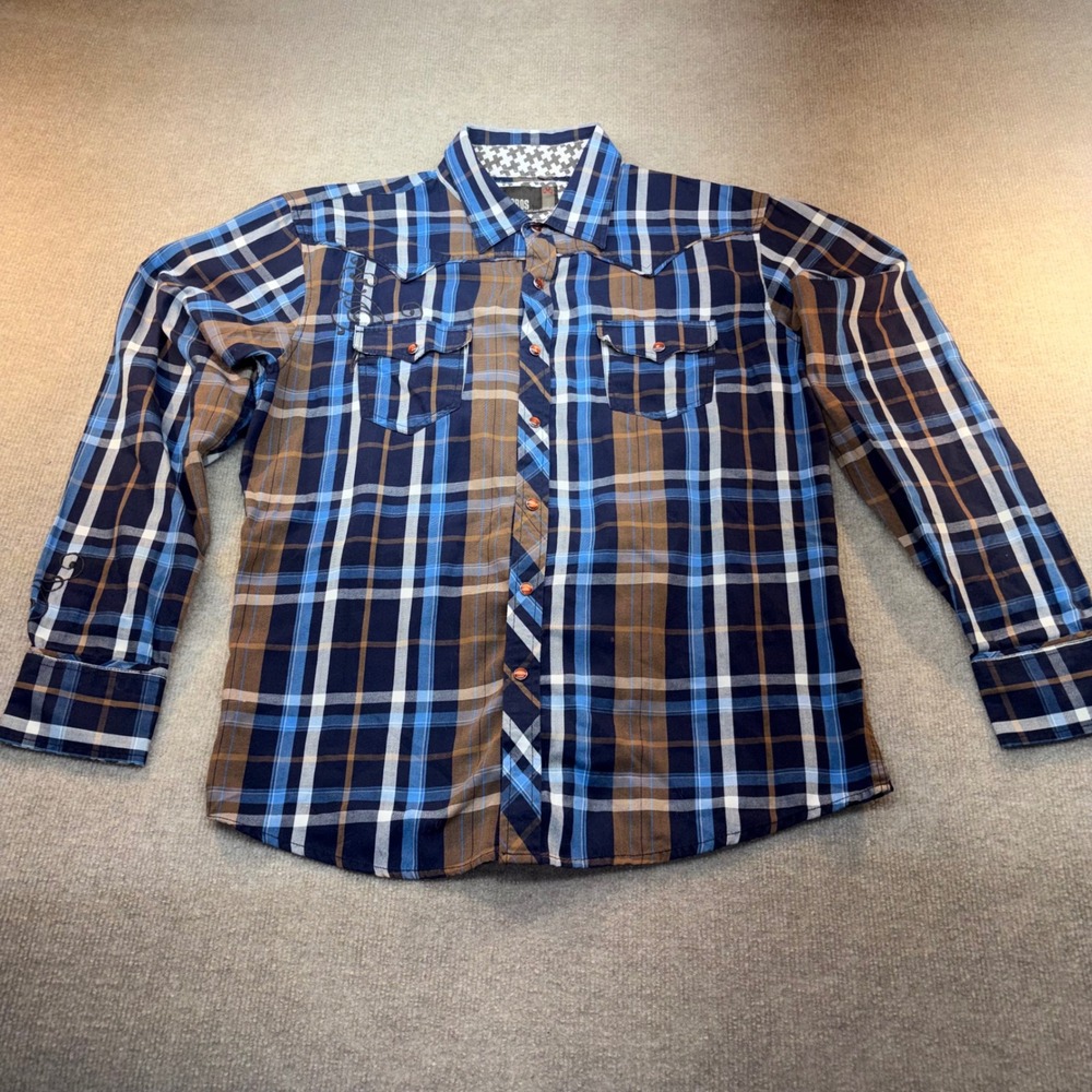 Micros Mens Blue Brown‎ Plaid Western Pearl Snap Shirt Embroidered Long Sleeve L
